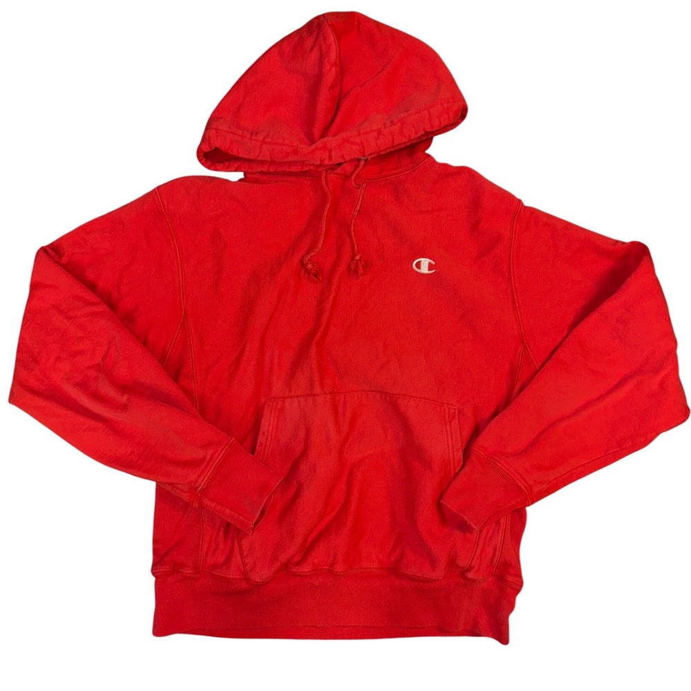Champion Reverse Weave Hoodie Red Mens Medium Embroidered Logo Sweatshirt